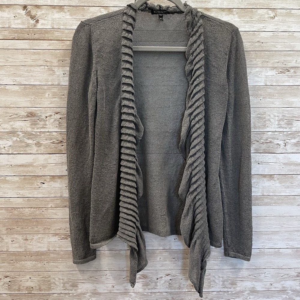 Eileen Fisher Womens P Petite Cardigan Linen Blend Open Weave Gray Shawl Collar